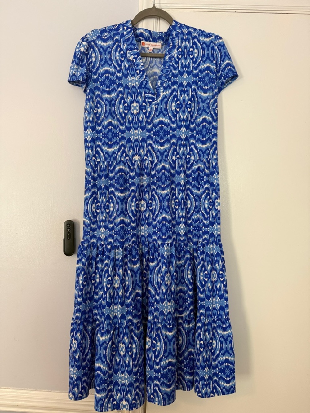 Jude Connally Blue and White Ikat Print Short Sleeve Dress